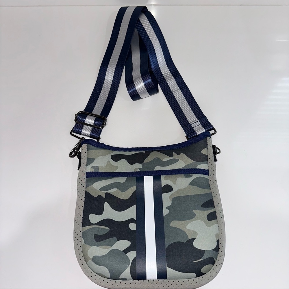 Haute Shore Neoprene Camo Crossbody Bag Blue White Stripe Strap